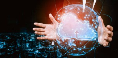 İş ağı konsepti için bulut bilgisayar teknolojisi ve çevrimiçi veri depolama. Bilgisayar, bulut veri transferi için internet sunucusuna 3 boyutlu fütüristik grafik arayüzü ile bağlanır. uds