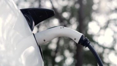 Doğal yeşil şehir parkındaki otoparkta EV elektrikli araba şarj pili. Sürdürülebilir ve çevre dostu şehir yolculuğu için yenilenebilir otomobil için alternatif temiz enerji teknolojisi. Titiz