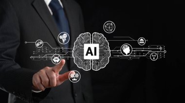 Yapay zeka mühendisliği, büyük veri ve yapay zeka makinesi kavramında yapay zeka beyin işlemcisiyle iş desteği için üretken yapay zeka kullanmayı öğrenen insan etkileşimi. Faas