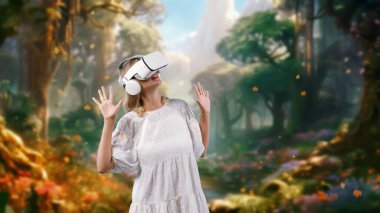 Woman in white dress looking around by VR glasses surrounded enchanted wonderful fairytale forest with maple leave falling meta magical world like fairy tale concept creative jungle tale. Contraption. clipart