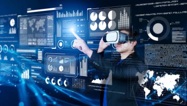 Gözlüklü akıllı iş adamı yapay zeka teknolojisini kullanarak çalışıyor. Küresel ağa erişen ve veri analizi ve istatistik tablosuna bakarken yapay zeka kullanan bir yönetici. Yaratıcılık.