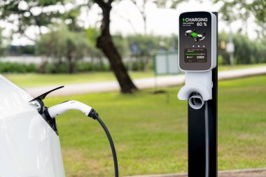 Açık yeşil şehir parkı manzarasındaki EV şarj istasyonundan EV elektrikli araç şarj oluyor. Çevre dostu EV araba yolculuğuyla doğal koruma. Yükselt