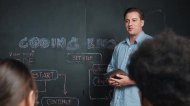 Tableti gemide tutarken akıllı öğretmen kodlama sistemini öğretiyor. BTMM teknoloji sınıfında dizüstü bilgisayar yazma programı kullanarak çalışan melez ırklı çekici bir genç. Yenilikçi. Öğretim