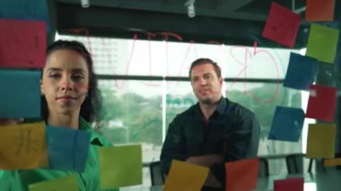 Profesyonel iş adamları yaratıcı pazarlama fikrini modern ofiste tartışırlar. İş adamları cam tahtada yapışkan notlar kullanarak finansal plan üzerinde çalışıyor. Yönlendirici.