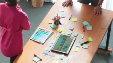 Yapışkan notlar üzerine yönetici yazma fikrinin en üst görüntüsü ve web tasarımı hakkındaki fikri açıkla. Profesyonel pazarlama ekibi ya da programcı renk paletli tablete bakarken beyin fırtınası fikri. Sempozyum.