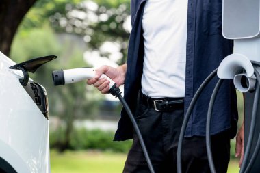 Yolculuk sırasında doğal orman ya da milli parktaki elektrikli araba için şarj olan bir adam. Tatil ve tatil boyunca çevre dostu seyahat. Yükselt