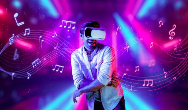 Sanal gerçeklik gözlüğü kullanarak müziğe yönelen beyaz bir adam. Günlük kıyafetleri olan enerjik bir insan dans etmekten hoşlanırken metaevrene ya da müzik notalarıyla çevrili taklit bir dünyaya girmekten zevk alır. Sapma.