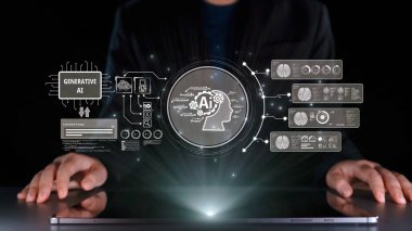 Yapay zeka mühendisliği, büyük veri ve yapay zeka makinesi kavramında yapay zeka beyin işlemcisiyle iş desteği için üretken yapay zeka kullanmayı öğrenen insan etkileşimi. Kullanıcı Kimliği