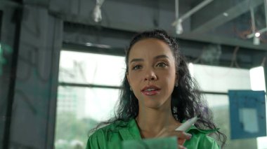 Genç İspanyol çalışanlar renkli yapışkan notlar yazıyorlar. Akıllı iş kadını pazarlama fikrini, beyin fırtınası stratejisini, iş planını paylaşıyor. Proje yöneticisi zihin haritası çiziyor. - Yakın çekim. Yönlendirici.