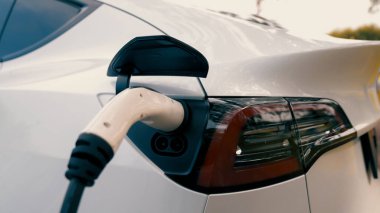 EV elektrikli araç EV şarj istasyonu ulusal park veya açık hava orman manzaralı. Sonbahar mevsimi ormanlarında çevre dostu EV arabalarla doğal koruma. Yükselt