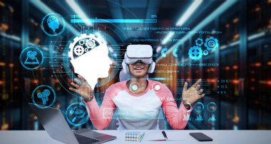 Afrikalı kız sanal gerçeklik gözlüğü kullanırken yapay zeka teknolojisi hologramına bakıyor. Akademisyen öğrenci artırılmış gerçeklik gözlüğü kullanırken günlük kıyafet ve VR kulaklık takıyor. Yapay zeka. Yaratıcılık.