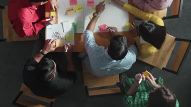 Renkli yapışkan notlarda pazarlama ve planlama stratejisi yazarken insanların yazma ve çalışma tahtası oluşturma konusunda üst düzey bir bakış açısı. Akıllı takım Kanaban tahtasını kullanarak iş performansını yönetir. Cemaat.