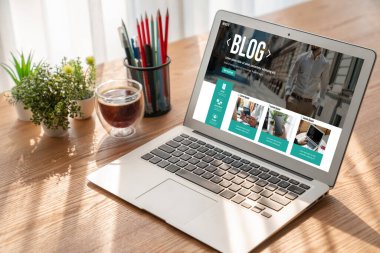 blogging concept, web blog Social Media Information network snugly. social media online content, freelance worker, working online, content creator, blogger, website, reading blog online on computer