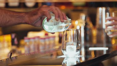 Yakından bir barmen, taze gazlı gazlı dokuları bir bardak içeceğe dönüştürerek müşterilere içecek tezgahı lüks barında hoş geldin tebrikleri sunuyor. Vinosity.