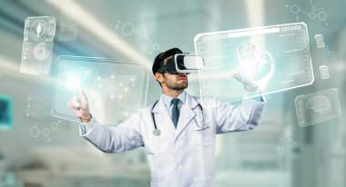 İnsan organının hologramına bakarken laboratuvar önlüğü ve VR kulaklık takan profesyonel bir doktor. Tıp teorisini araştıran ve düşünen yetenekli bir araştırmacı. Yenilik. Geçmişi bulanıklaştırıyor. Sapma.