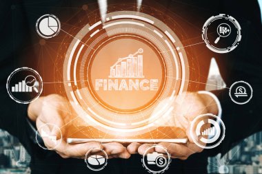 Finans ve Para İşlem Teknolojisi Konsepti. Modern bilgisayar uygulamasında fintech ticaret alışverişini, kar istatistik analizini ve piyasa analisti hizmetini gösteren simgesel grafik arayüzü. uds