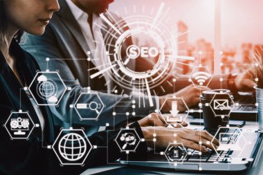 SEO - Çevrimiçi Pazarlama Konsepti için Arama Motoru Optimizasyonu. Müşteri arama ve pazar stratejisini optimize ederek anahtar kelime araştırma web sitesinin tanıtımını gösteren modern arayüz. uds