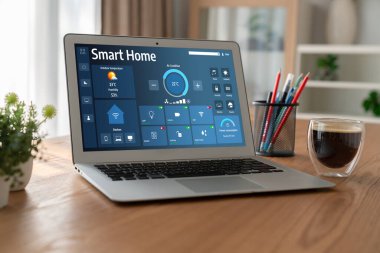 Smart home technology, centric remote control system with digital dashboard for air conditioning, safety security network or house automation. App software, ui panel programming IOT monitor snugly
