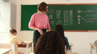 Zeki öğretmen sınıfta fikri açıklarken sevimli öğrenci ödevlerini kontrol ediyor. Not defterine bakıp matematik teorisinden çocuğa bahsederken sınıfta dolaşan çekici bir eğitmen. Pedagoji.