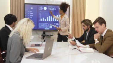 Finansal veri sunumuna başlamadan önce üniversiteye ya da yatırımcıya kağıtlar hakkında iş istihbaratı dağıtırken BI Fintech kullanan analist ekibiyle ofis veya süs toplantı odasında sunum yapmak