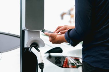 Ulusal Park veya Yaz Ormanı 'ndaki tatil gezisi sırasında EV şarj istasyonundan elektrik aküsü almak için akıllı telefon internet bankacılık uygulaması kullanan bir adam. Yükselt