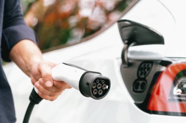 Sonbahar gezisi sırasında sonbahar ormanı arabasında elektrikli araba için şarj eden bir adam. Sonbahar tatilinde elektrikli araçla çevre dostu bir seyahat. Yükselt