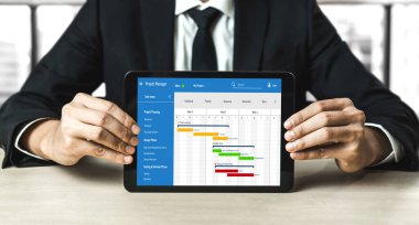 Ekip projesinin zaman çizelgesini gösteren bilgisayar ekranında, modern iş projesi yönetimi için proje planlama yazılımı
