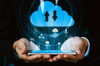 İş ağı konsepti için bulut bilgisayar teknolojisi ve çevrimiçi veri depolama. Bilgisayar, bulut veri transferi için internet sunucusuna 3 boyutlu fütüristik grafik arayüzü ile bağlanır. uds