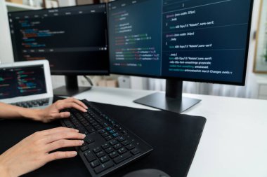 Bilgisayarda kodlama programı veri web sitesi uygulaması ile bilgi yazarken, kot gömlek giyip güvenlik analizi yaparken görüntülenmiş bir IT geliştiricisi görüntüsü. Taktik.
