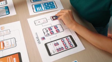 Mobil uygulama için kullanıcı arayüzü prototipi ya da masadaki program modeliyle birlikte web sitesi planlaması yapan bir şirket çalışanı. UX UI tasarımcısı kullanıcı dostu arayüz planını dikkate alır. Sinerjik