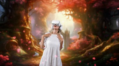 Excited woman looking around by VR surround enchanted wonderful fairytale forest with pink maple leaves falling meta magical world like fairy tale in jungle timer tale at castle backside. Contraption. clipart