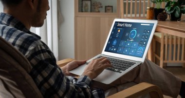 Smart home technology, centric remote control system with digital dashboard for air conditioning, safety security network or house automation. App software, ui panel programming IOT monitor snugly