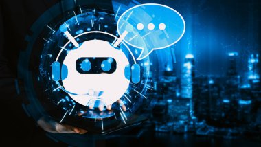 Al Chatbot akıllı dijital müşteri hizmetleri uygulaması konsepti. Bilgisayar ya da mobil aygıt uygulaması kullanılıyor. Yapay zeka sohbet botu otomatik olarak çevrimiçi iletiye cevap veriyor.