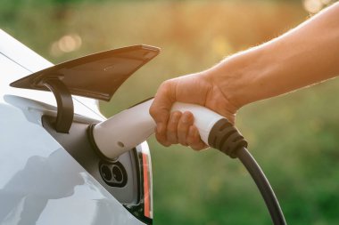 Sonbahar gezisi sırasında sonbahar ormanı arabasında elektrikli araba için şarj eden bir adam. Sonbahar tatilinde elektrikli araçla çevre dostu bir seyahat. Yükselt