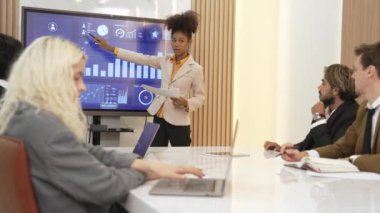 Ofisteki sunum ya da analist ekibiyle süs toplantı odasında mali verileri analiz etmek için BI Fintech 'i kullanın. İş adamları stratejik planlama için TV ekranında BI gösterge panelini analiz ediyor