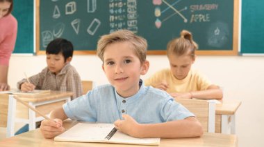 Çekici beyaz çocuk okulda matematik okurken kameraya bakıyor. Çeşitli şirin öğrenciler test yaparken öğretmen Asyalı çocuklara soru sorup tahtaya kağıt doğrultuyor. Pedagoji.
