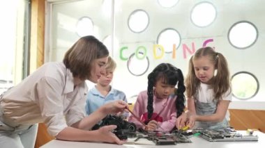 Öğretmen öğrencilere dijital elektrikli aletleri ya da araba modelini öğretir ve açıklar. Çeşitli çocuklar elektronik aletleri öğrenip ana kartı ya da kablolu robot modelini tamir etmeyi öğrenirler. Etkinlik.