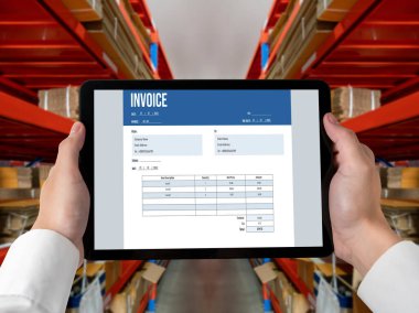 Muhasebe uygulamasından gelen fatura bilgisayar ekranında. Şirket işlerinin finans ve bütçesi için bilgisayar programı. Rahatça..