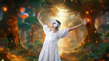 Excited woman wearing VR with stretching arms getting fresh air in wonderland fairytale forest bokeh neon falling in meta world like jungle wildflower landscape at fantasy warm sunlight. Contraption. clipart