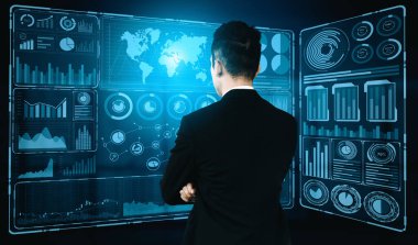 İş Mali Analitik Konsepti için Büyük Veri Teknolojisi. Modern arayüz ekranda iş satış raporları, kâr tablosu ve borsa eğilimleri analizleri hakkında muazzam bilgiler gösteriyor. uds