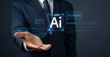 Yapay zeka sanal asistanı Chatbot ile yapay zeka konsepti ile insan etkileşimi, yapay zeka mühendisliği, LLM yapay zeka derin öğrenimi iş desteği için üretken yapay zeka kullanımı. FaaS