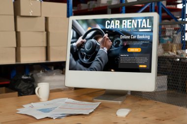 car rental website on computer screen for tourist to rent a car for transportation snugly