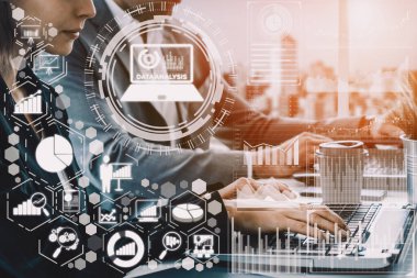 İş ve Finans Konsepti Veri Analizi. Dijital iş stratejisi için gelecekteki kar analitik bilgisayar teknolojisini, çevrimiçi pazarlama araştırma ve bilgi raporunu gösteren arayüz. uds