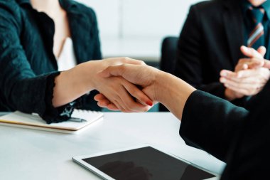 İş adamları konsepti kabul ediyor. İş adamı ve Asyalı iş kadını ofiste el sıkışırlar. uds