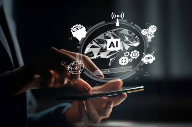 Yapay zeka mühendisliği, büyük veri ve yapay zeka makinesi kavramında yapay zeka beyin işlemcisiyle iş desteği için üretken yapay zeka kullanmayı öğrenen insan etkileşimi. EIDE