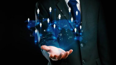 İş adamı ağ kurar, değerli bağlantılar kurar. Profesyonel ağı ve fırsatları genişletmek için etkili insan ağ oluşturma stratejileri UUID