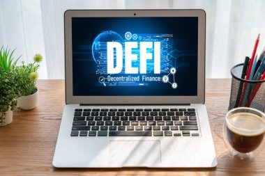 Model bilgisayar ekranında merkezi olmayan finans veya DeFi kavramı. Defi sistemi yeni yatırım ve tasarruf seçenekleri sunuyor .
