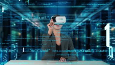 VR yenilik arayüzü dijital ağ teknolojisi görsel hologram sunucusu tarafından akıllı web sitesi geliştirme kodlayıcı veri seçimini analiz etmek için bilgisayar kodu yazan IT geliştiricisi. Kısıtlanma.
