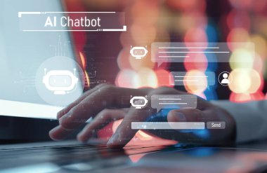 Yapay zeka sanal asistanı Chatbot ile yapay zeka konsepti ile insan etkileşimi, yapay zeka mühendisliği, LLM yapay zeka derin öğrenimi iş desteği için üretken yapay zeka kullanımı. EIDE