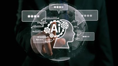 Yapay zeka mühendisliği, büyük veri ve yapay zeka makinesi kavramında yapay zeka beyin işlemcisiyle iş desteği için üretken yapay zeka kullanmayı öğrenen insan etkileşimi. Kullanıcı Kimliği